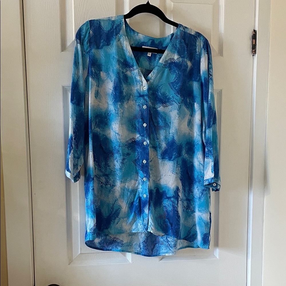 Northern reflections flowy blouse button shirt top resort beach blue aqua white